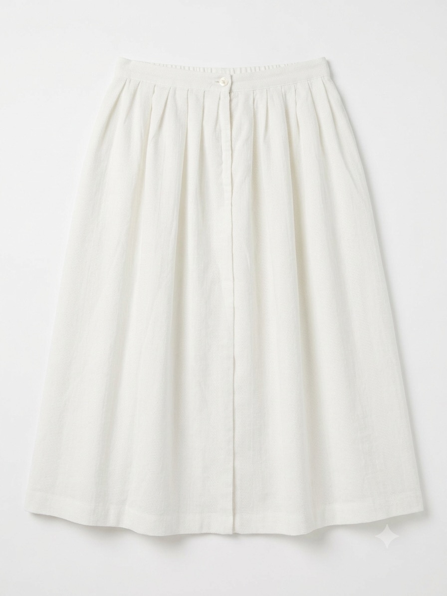 Euro Summer Vintage Ivory Button Front Pleated Midi Skirt Textured Woven Cottage